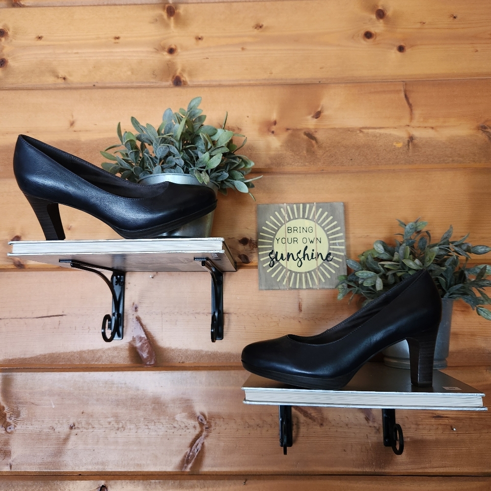 Tamaris 22410 Navy Blue Leather Anti Shok Block Heel Comfort Pump Shoes Sz EU 37